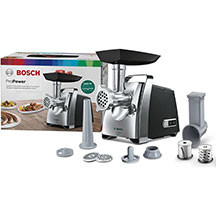 Bosch MFW67440 ProPower Ətçəkən – 3.5 kq/dəq sürətli işləmə, 10+ funksiya, kolbasa və kebbe aksesuarları, qara/gümüş, güclü və çoxfunksiyalı etçeken