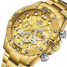 NaviForce NF8019 Gold – Qızılı Paslanmayan Polad Korpus, Xronoqraf Funksiyası, Luminisens Əqrəblər, 3 ATM Suya Davamlı, Klassik və Dəbdəbəli Kişi Saatı