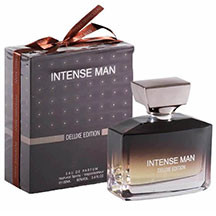 Fragrance World Intense Man Deluxe kişilər üçün ətir suyu 100 ml – yaşıl reyhan və lavanda üst notları, moepel, balzam və bal ürək notları, tütün, labdanum, sandal və sərv baza; odunsu-aromatik