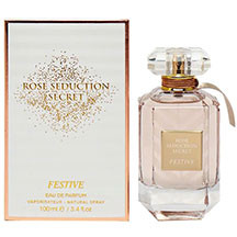 Fragrance World Rose Seduction Secret Festive qadınlar üçün ətir suyu 100 ml – canlı gül, meyvə və pion notları, ambra və müşk baza, təravətli və cazibədar çiçək-şirin qadın parfumu