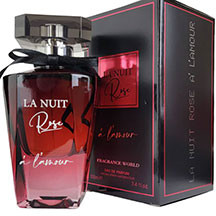 Fragrance World La Nuit Rose qadın üçün ətir 100 ml – armud, çiyələk, qara qızılgül və vanil notları ilə meyvəli-çiçək və şirin akkordlu qadın parfümü