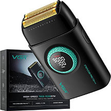 VGR V-378 üzqırxan – ikiqat folqa bıçaq, 21 sürət rejimi (7000–9000 rpm), tam metal korpus, 1400 mAh batareya, 100 dəqiqə işləmə, 2 saata sürətli şarj, LED displey, portativ və peşəkar təraş üçün idea