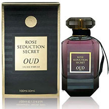 Fragrance World Rose Seduction Secret Oud qadınlar üçün ətir 100 ml – zəfəran, mandarin və bənövşə yarpağı üst notları, ürəkdə ağ dəri və pion, əsasda isə oud və ambroksan ilə şərq-çiçək, odunsu və am
